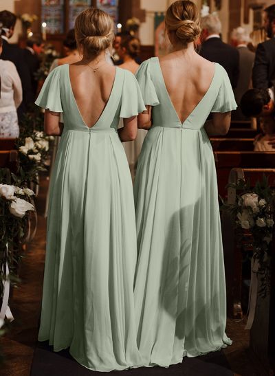 Short Sleeves Chiffon Bridesmaid Dresses With V-Neck