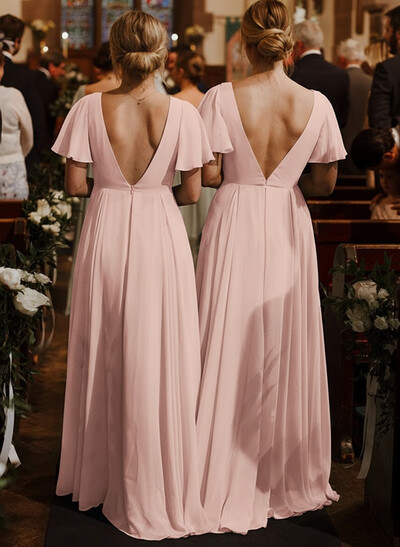 Short Sleeves Chiffon Bridesmaid Dresses With V-Neck