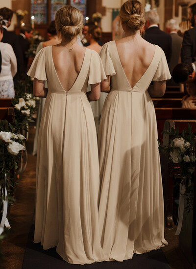 Short Sleeves Chiffon Bridesmaid Dresses With V-Neck