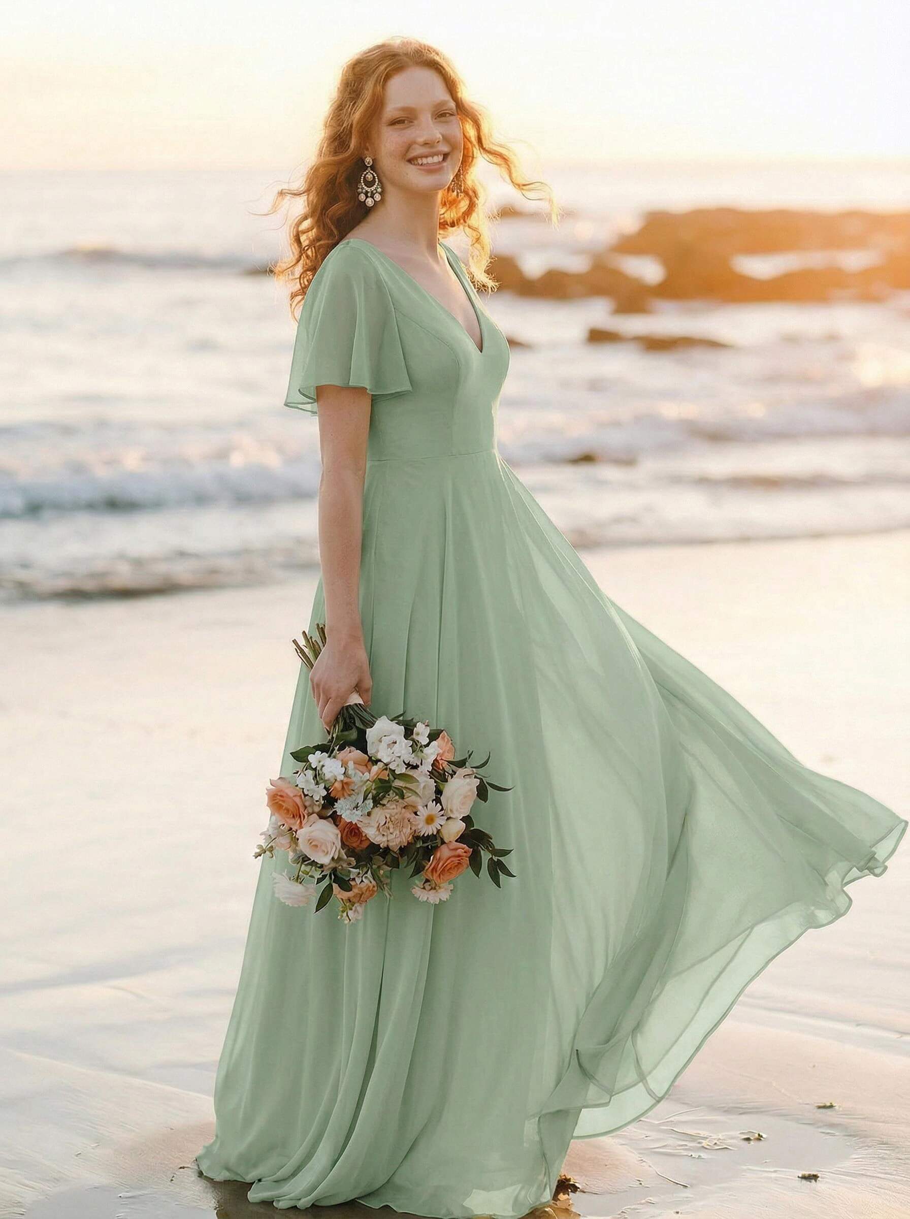 Short Sleeves Chiffon Bridesmaid Dresses With V-Neck
