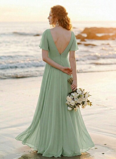 Short Sleeves Chiffon Bridesmaid Dresses With V-Neck