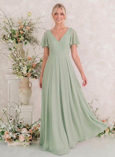 Short Sleeves Chiffon Bridesmaid Dresses With V-Neck