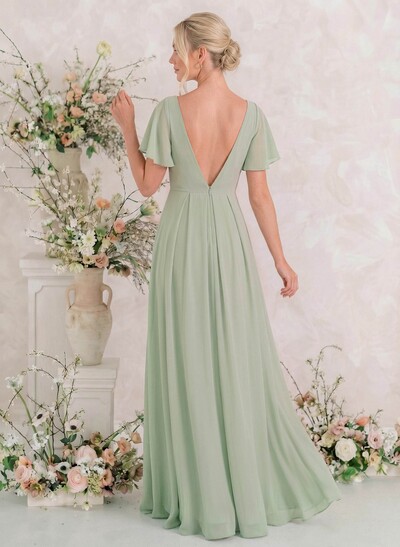 Short Sleeves Chiffon Bridesmaid Dresses With V-Neck