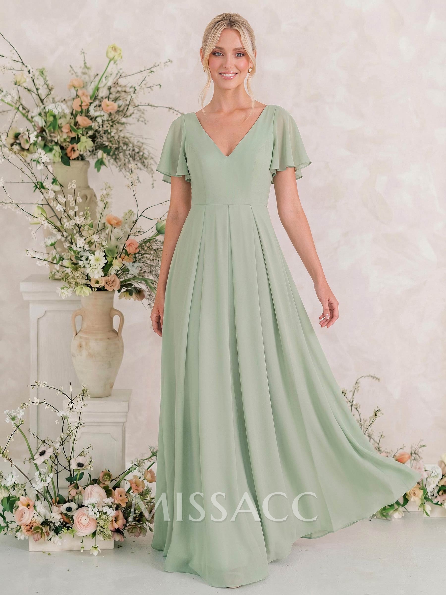 Short Sleeves Chiffon Bridesmaid Dresses With V-Neck Short Sleeves Chiffon Bridesmaid Dresses With V-Neck