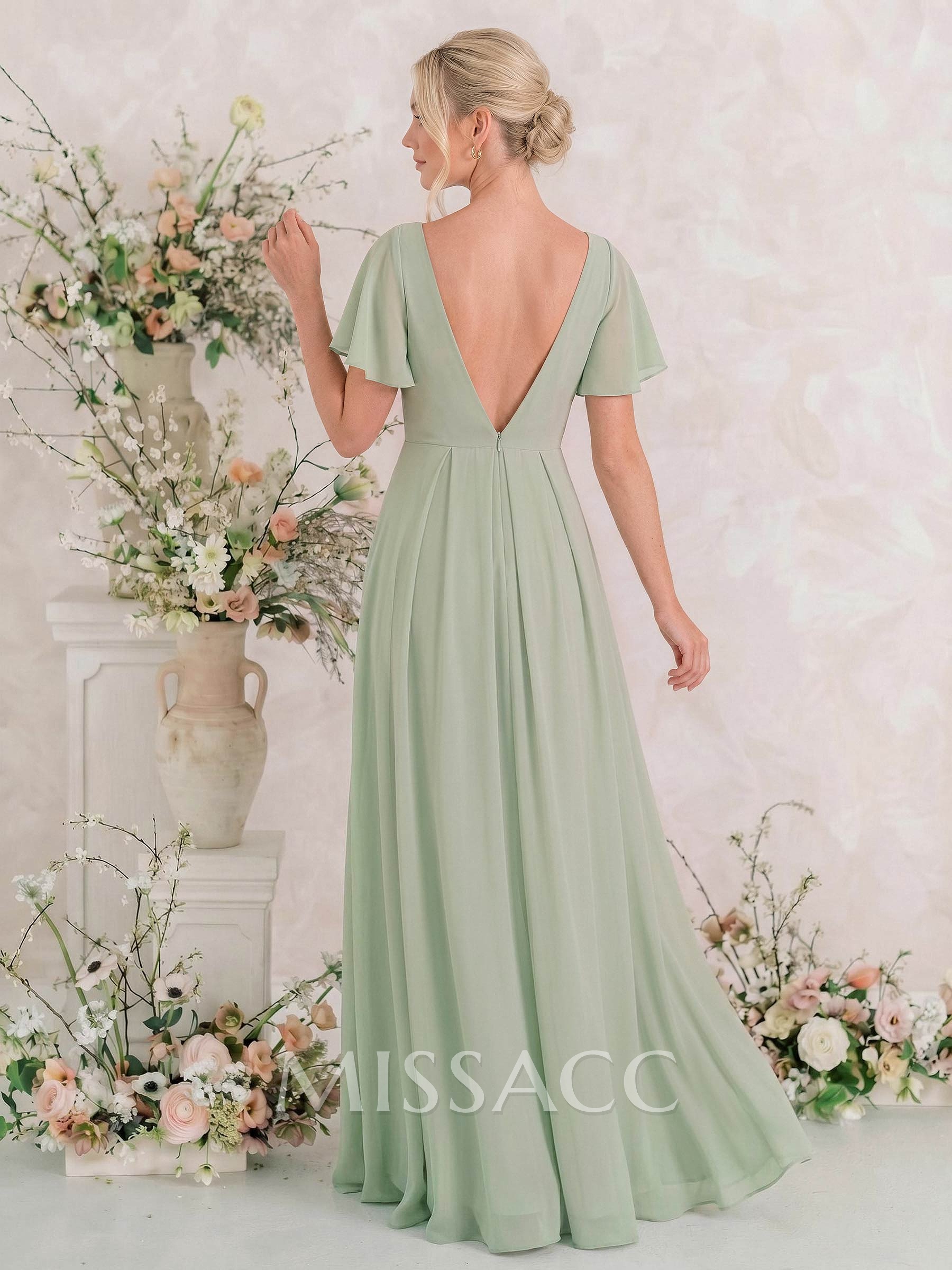 Short Sleeves Chiffon Bridesmaid Dresses With V-Neck Short Sleeves Chiffon Bridesmaid Dresses With V-Neck