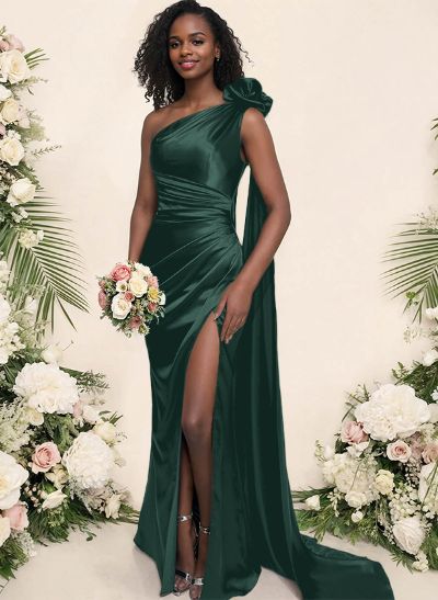Sheath/Column One-Shoulder Silk Like Satin Bridesmaid Dresses With High Split