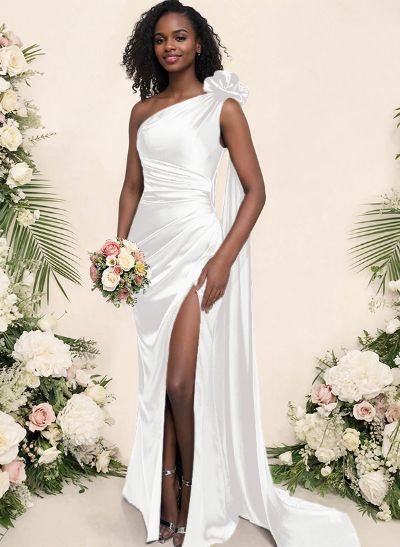 Sheath/Column One-Shoulder Silk Like Satin Bridesmaid Dresses With High Split