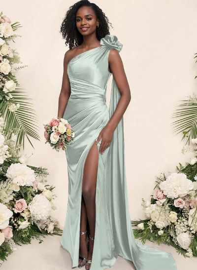 Sheath/Column One-Shoulder Silk Like Satin Bridesmaid Dresses With High Split