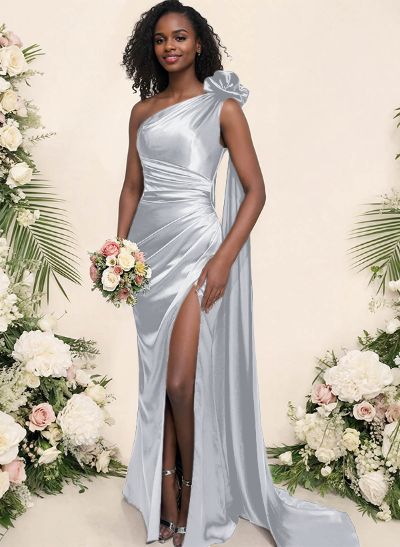 Sheath/Column One-Shoulder Silk Like Satin Bridesmaid Dresses With High Split