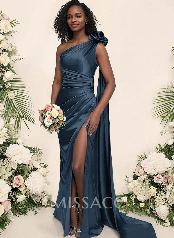 Sheath/Column One-Shoulder Silk Like Satin Bridesmaid Dresses With High Split