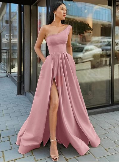 A-Line One-Shoulder Sleeveless Floor-Length Satin Bridesmaid Dresses