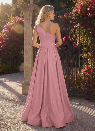 A-Line One-Shoulder Sleeveless Floor-Length Satin Bridesmaid Dresses