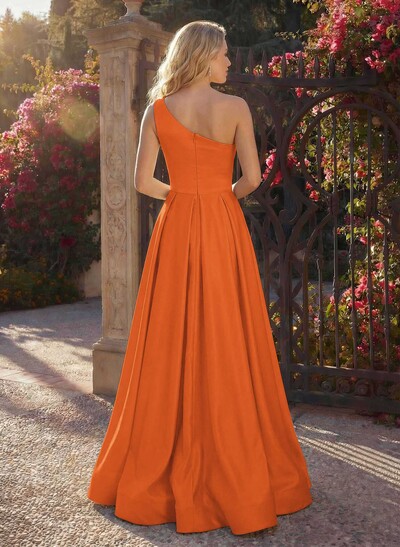 A-Line One-Shoulder Sleeveless Floor-Length Satin Bridesmaid Dresses