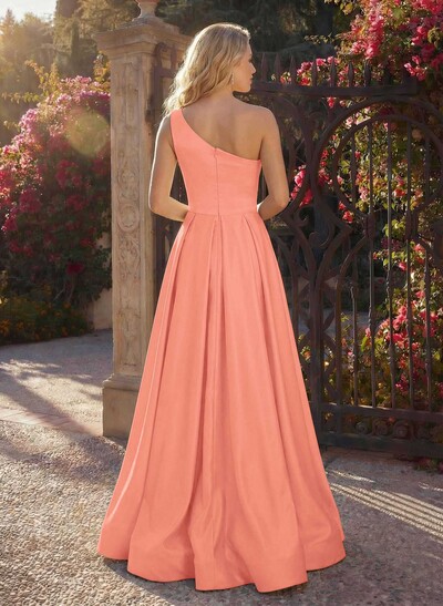 A-Line One-Shoulder Sleeveless Floor-Length Satin Bridesmaid Dresses