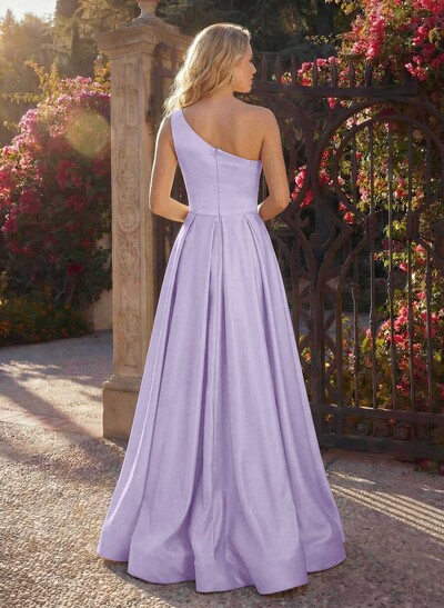 A-Line One-Shoulder Sleeveless Floor-Length Satin Bridesmaid Dresses