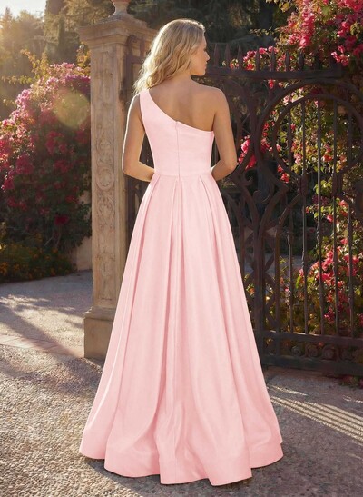 A-Line One-Shoulder Sleeveless Floor-Length Satin Bridesmaid Dresses