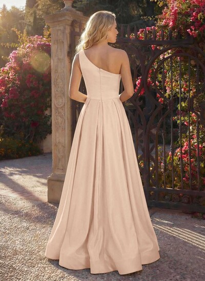 A-Line One-Shoulder Sleeveless Floor-Length Satin Bridesmaid Dresses