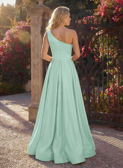 A-Line One-Shoulder Sleeveless Floor-Length Satin Bridesmaid Dresses