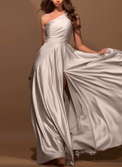 A-Line One-Shoulder Sleeveless Silk Like Satin Bridesmaid Dresses With High Split