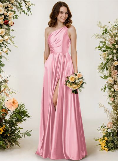 A-Line One-Shoulder Sleeveless Silk Like Satin Bridesmaid Dresses With High Split