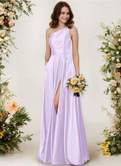 A-Line One-Shoulder Sleeveless Silk Like Satin Bridesmaid Dresses With High Split