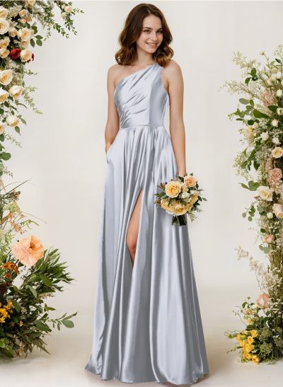 A-Line One-Shoulder Sleeveless Silk Like Satin Bridesmaid Dresses With High Split