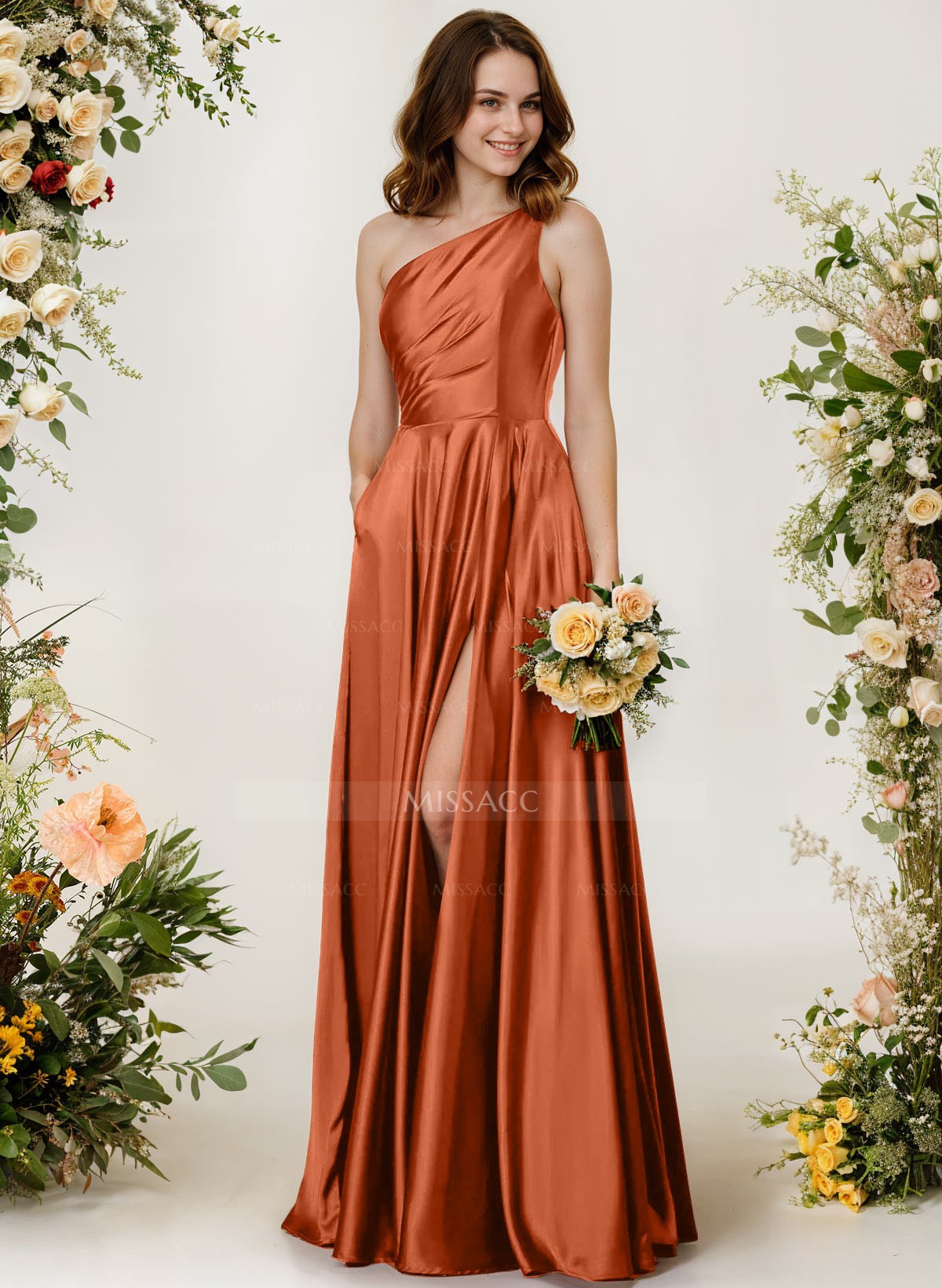 A-Line One-Shoulder Sleeveless Silk Like Satin Bridesmaid Dresses With High Split