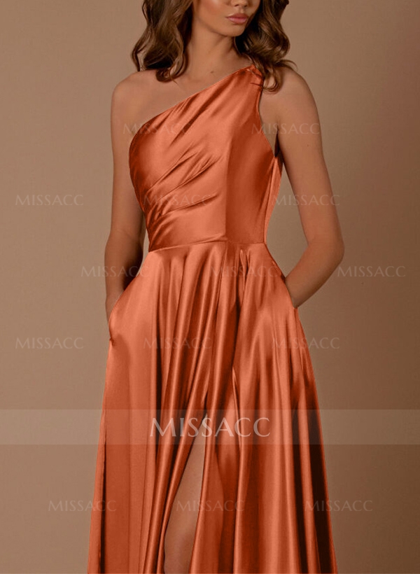 A-Line One-Shoulder Sleeveless Silk Like Satin Bridesmaid Dresses With High Split