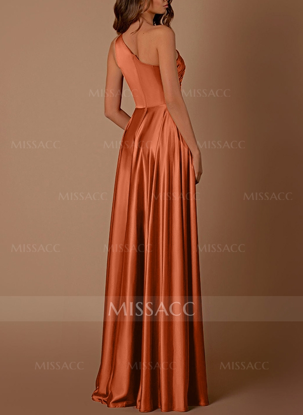 A-Line One-Shoulder Sleeveless Silk Like Satin Bridesmaid Dresses With High Split