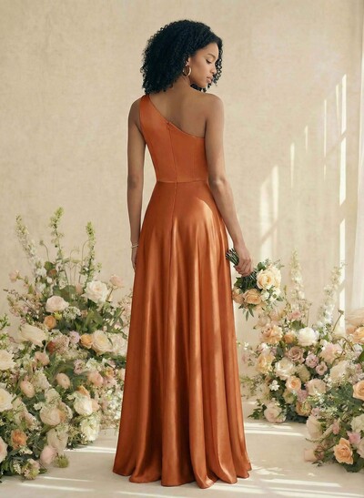 A-Line One-Shoulder Sleeveless Silk Like Satin Bridesmaid Dresses With High Split