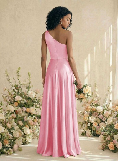 A-Line One-Shoulder Sleeveless Silk Like Satin Bridesmaid Dresses With High Split