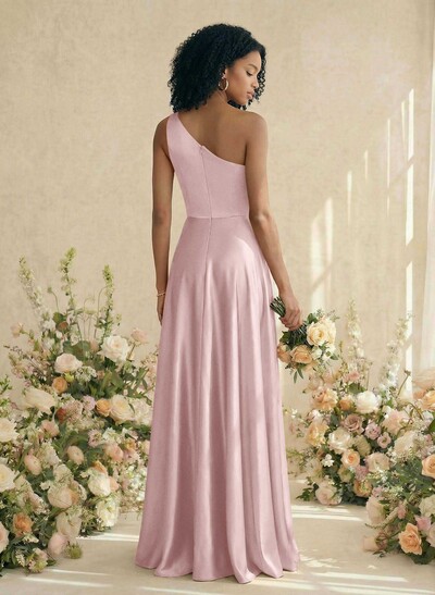 A-Line One-Shoulder Sleeveless Silk Like Satin Bridesmaid Dresses With High Split