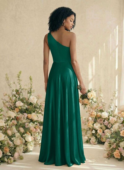 A-Line One-Shoulder Sleeveless Silk Like Satin Bridesmaid Dresses With High Split