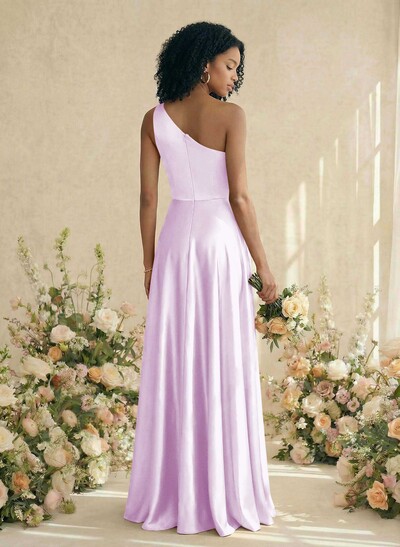 A-Line One-Shoulder Sleeveless Silk Like Satin Bridesmaid Dresses With High Split