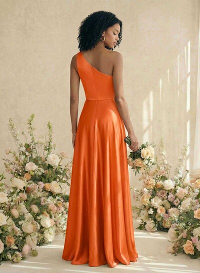 A-Line One-Shoulder Sleeveless Silk Like Satin Bridesmaid Dresses With High Split