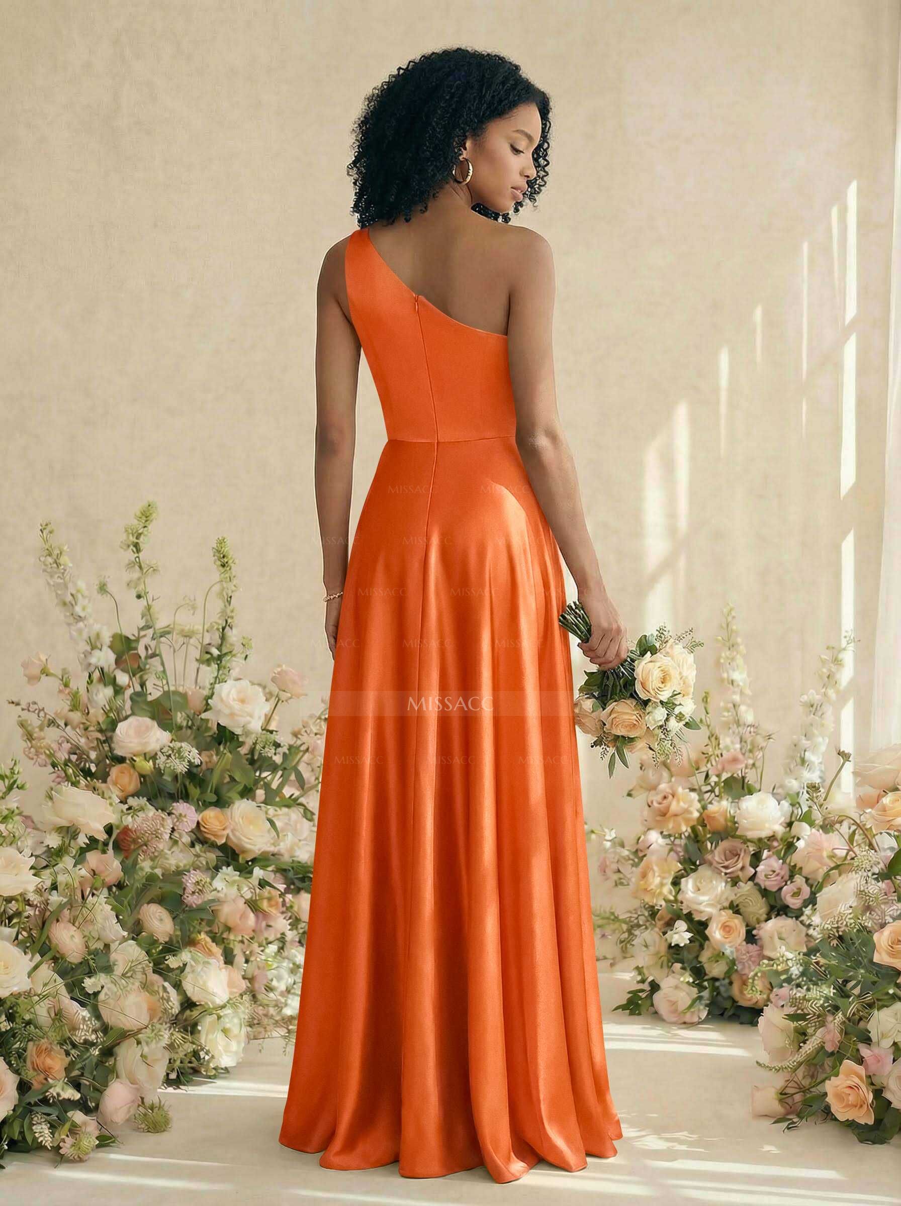 A-Line One-Shoulder Sleeveless Silk Like Satin Bridesmaid Dresses With High Split