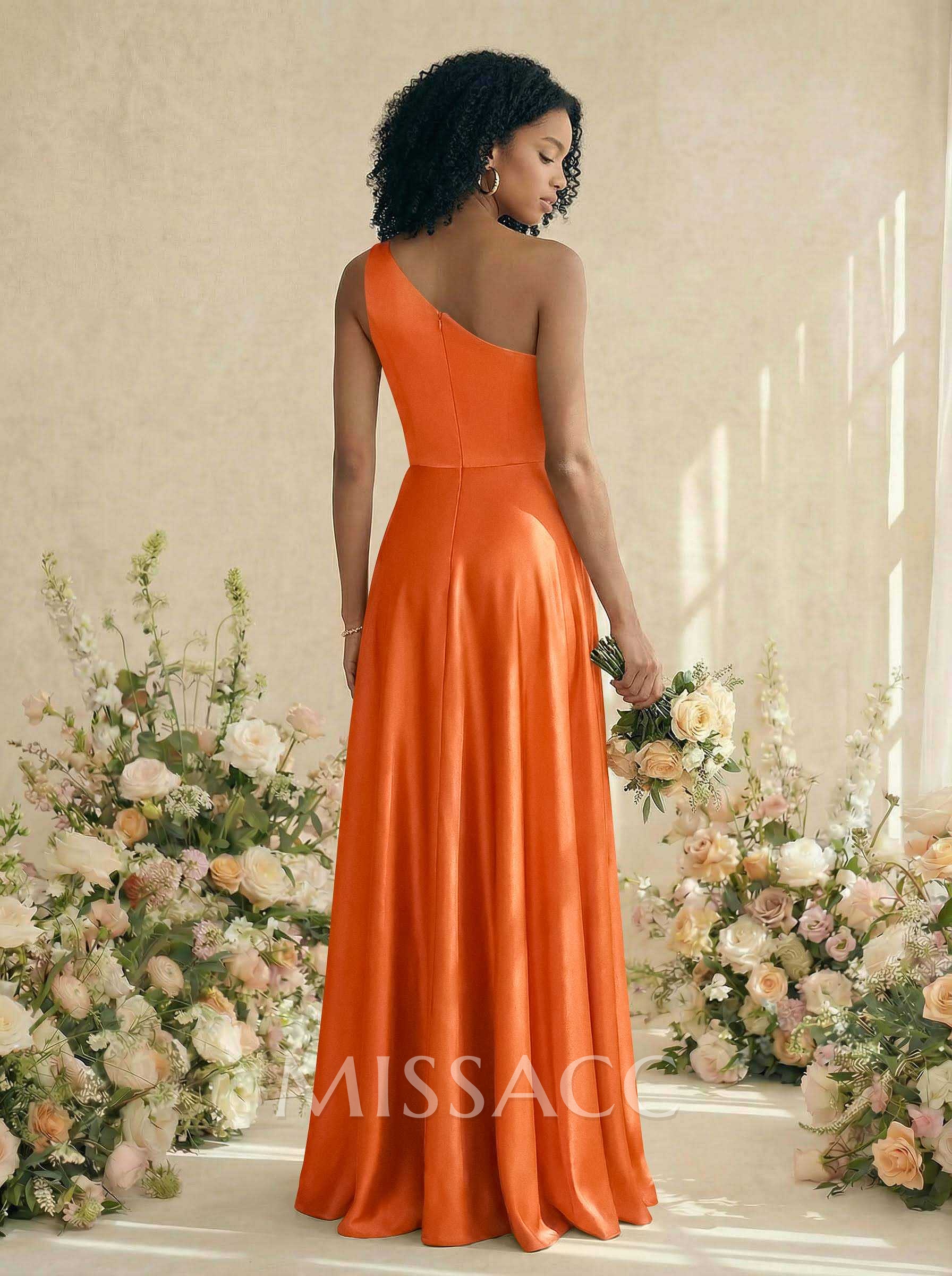 A-Line One-Shoulder Sleeveless Silk Like Satin Bridesmaid Dresses With High Split A-Line One-Shoulder Sleeveless Silk Like Satin Bridesmaid Dresses With High Split