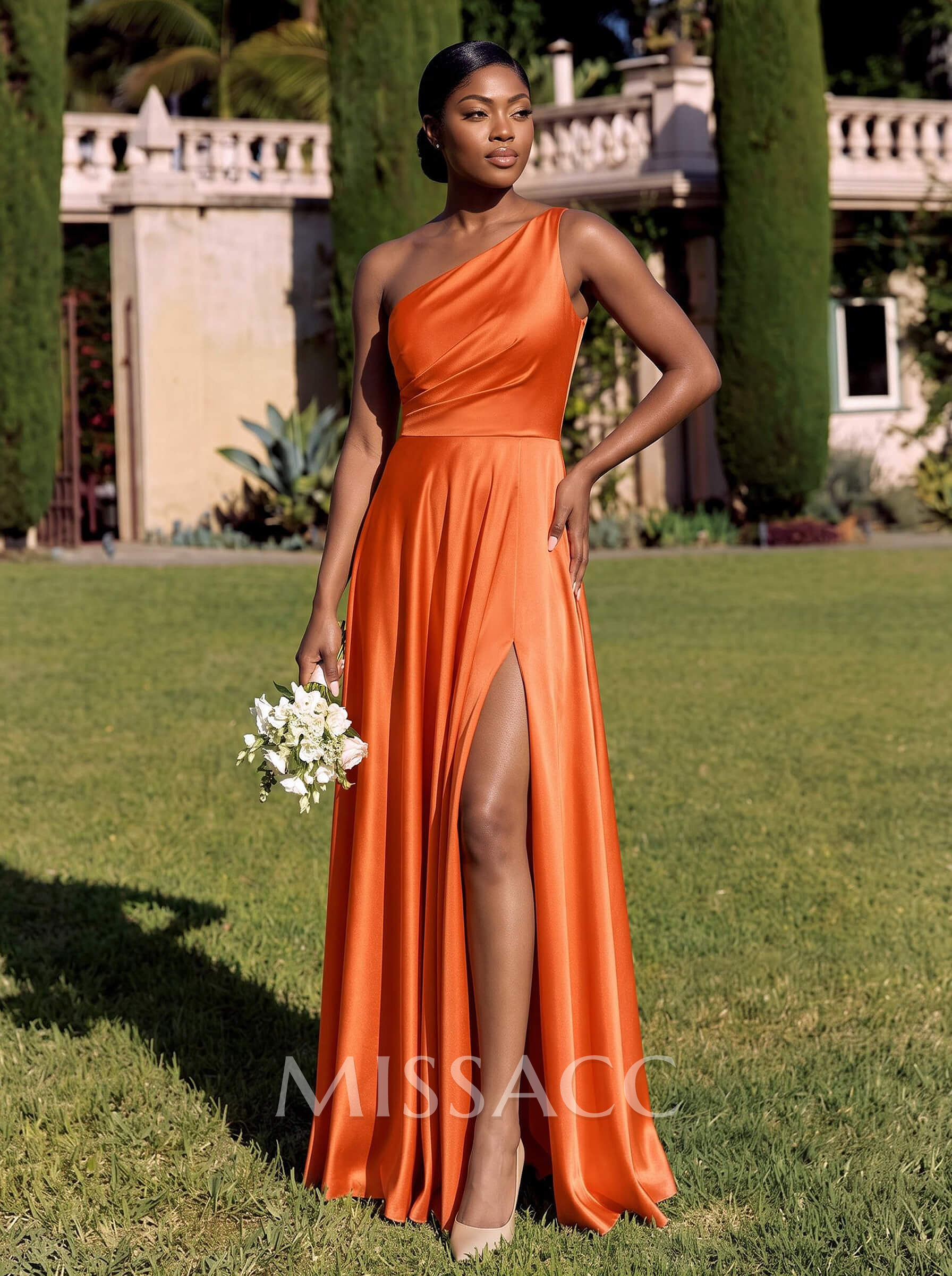A-Line One-Shoulder Sleeveless Silk Like Satin Bridesmaid Dresses With High Split
