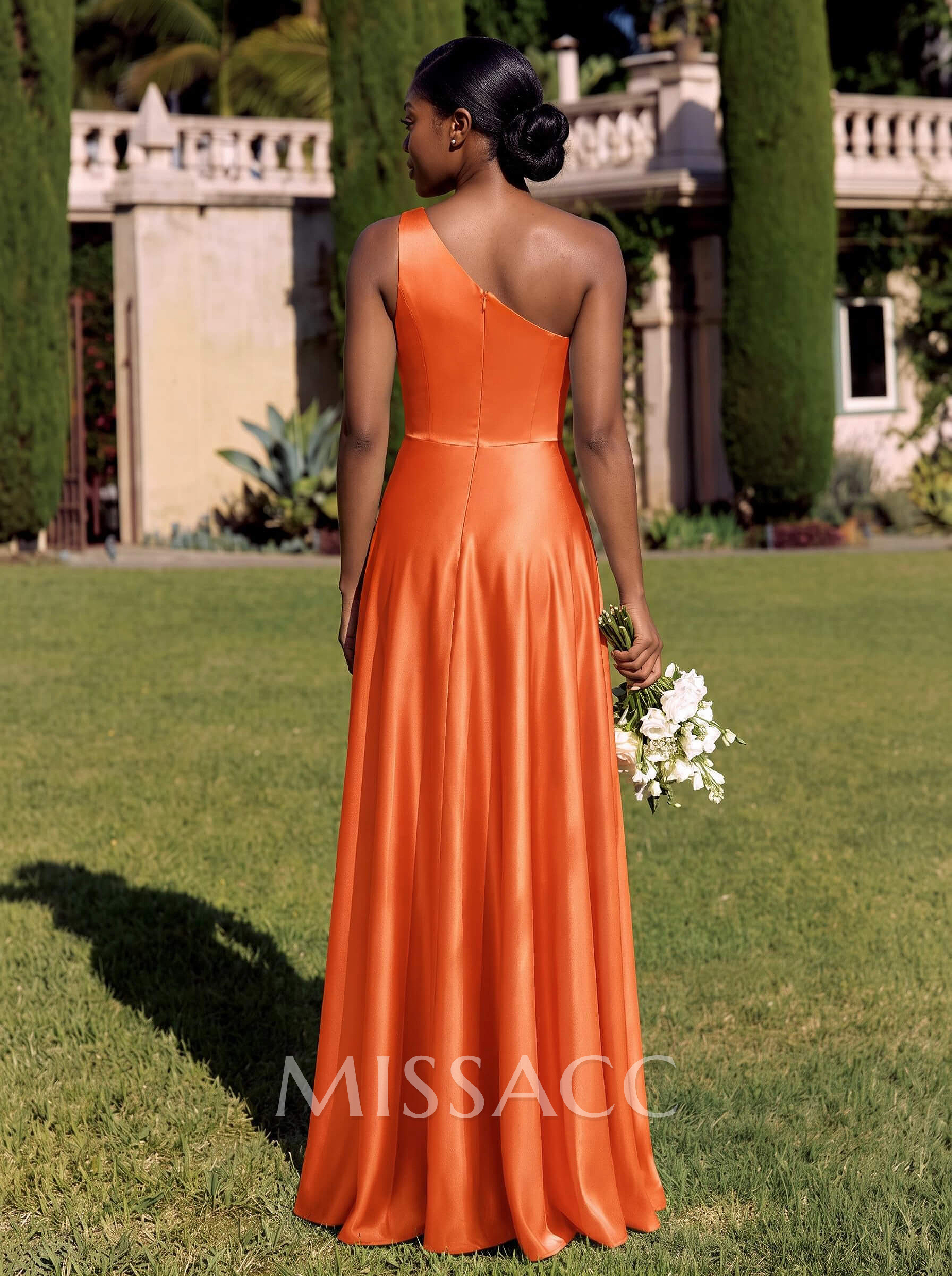 A-Line One-Shoulder Sleeveless Silk Like Satin Bridesmaid Dresses With High Split