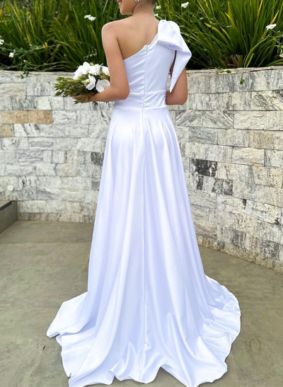 A-Line One-Shoulder Sleeveless Silk Like Satin Bridesmaid Dresses With Split Front/Bow(s)