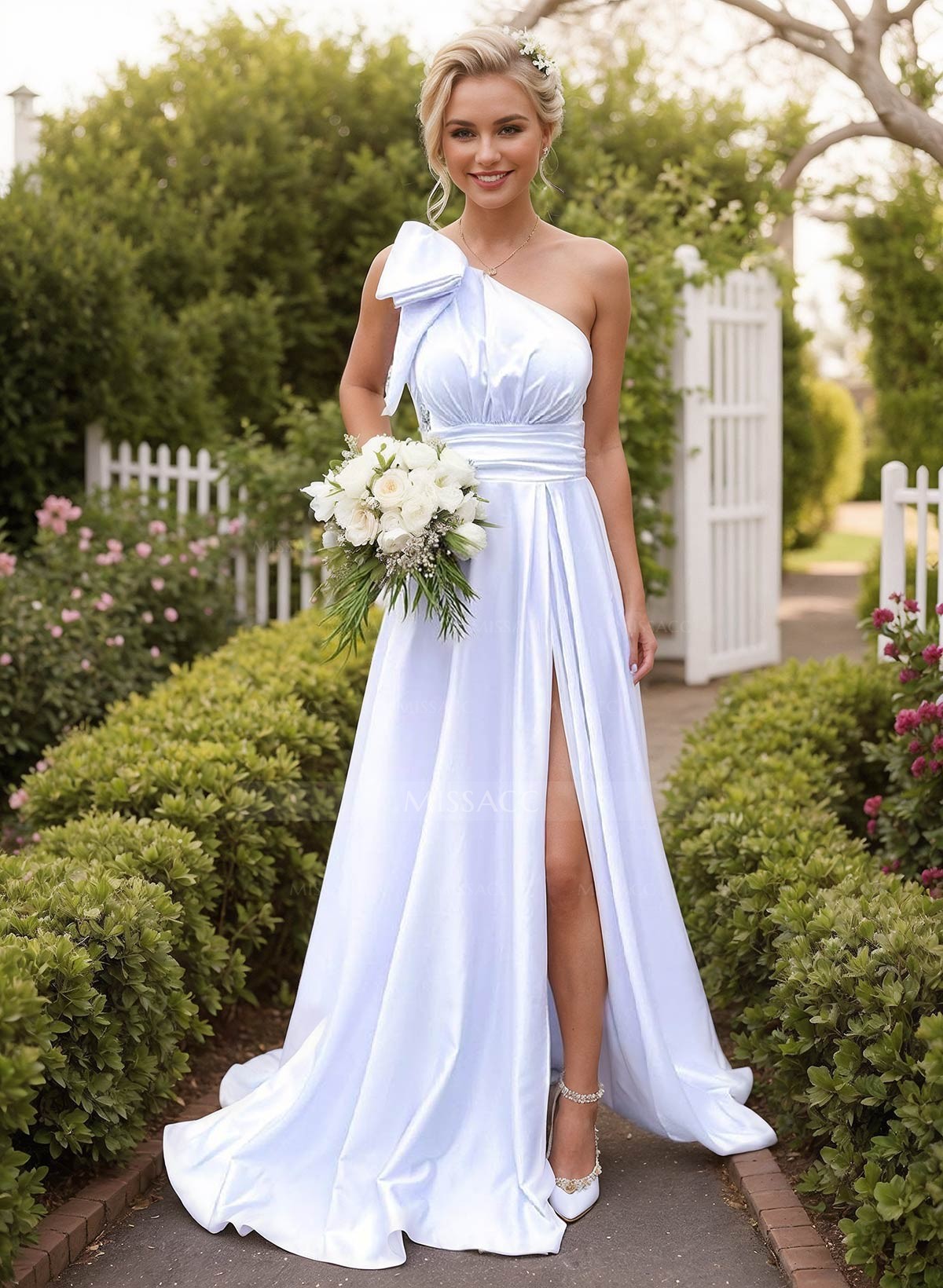 A-Line One-Shoulder Sleeveless Silk Like Satin Bridesmaid Dresses With Split Front/Bow(s)