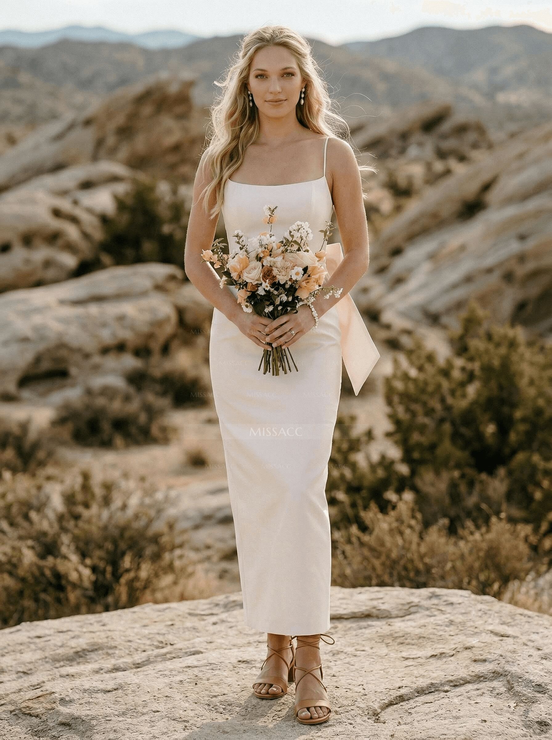 Sheath/Column Square Neckline Sleeveless Satin Bridesmaid Dresses With Bow(s)