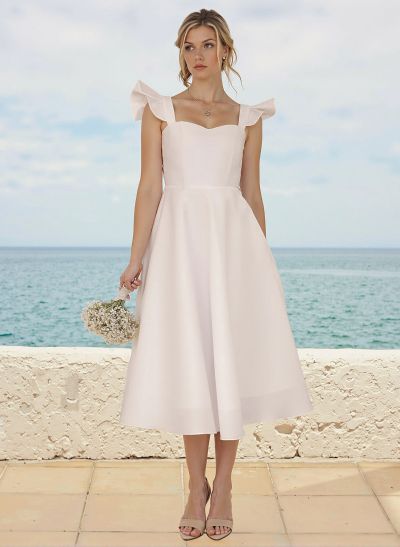 A-Line Square Neckline Sleeveless Tea-Length Satin Bridesmaid Dresses With Ruffle