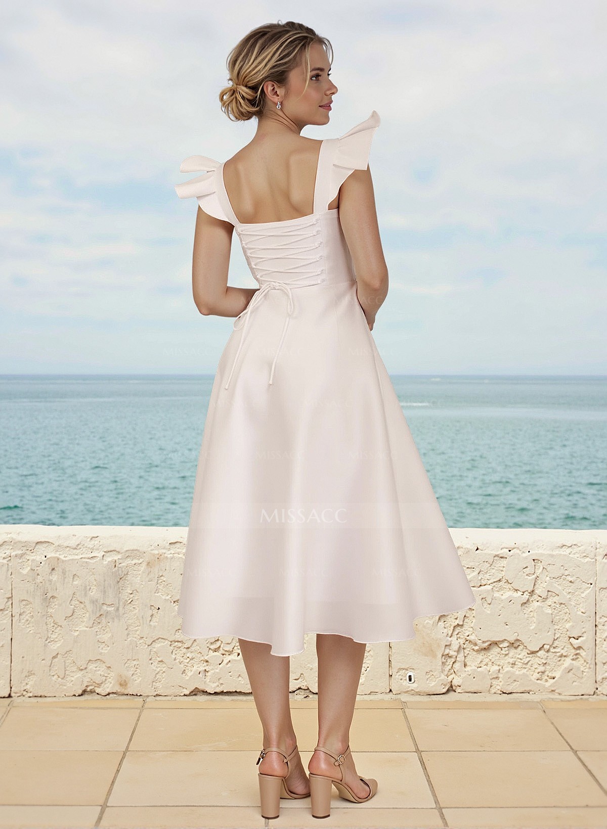 A-Line Square Neckline Sleeveless Tea-Length Satin Bridesmaid Dresses With Ruffle