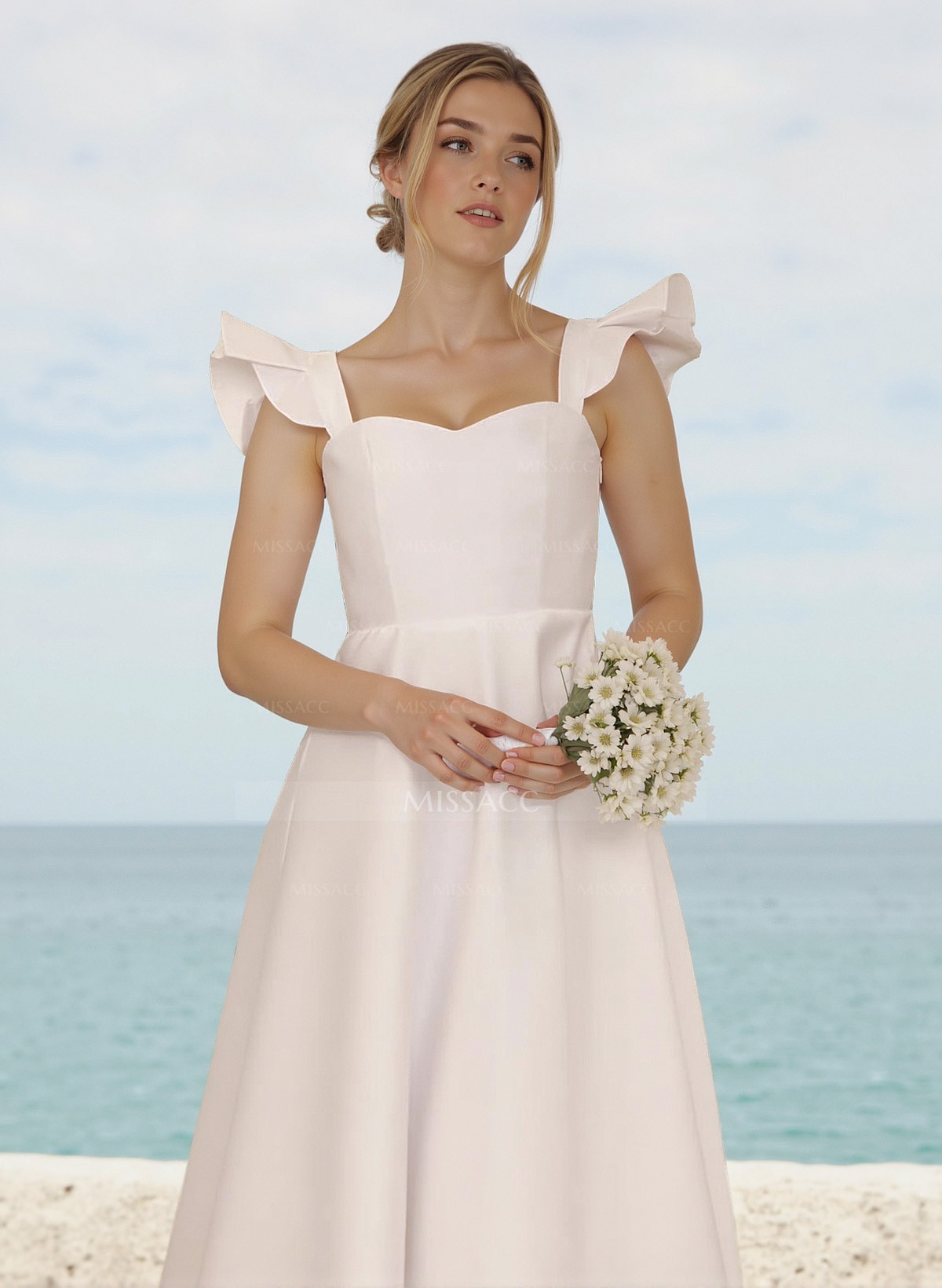 A-Line Square Neckline Sleeveless Tea-Length Satin Bridesmaid Dresses With Ruffle