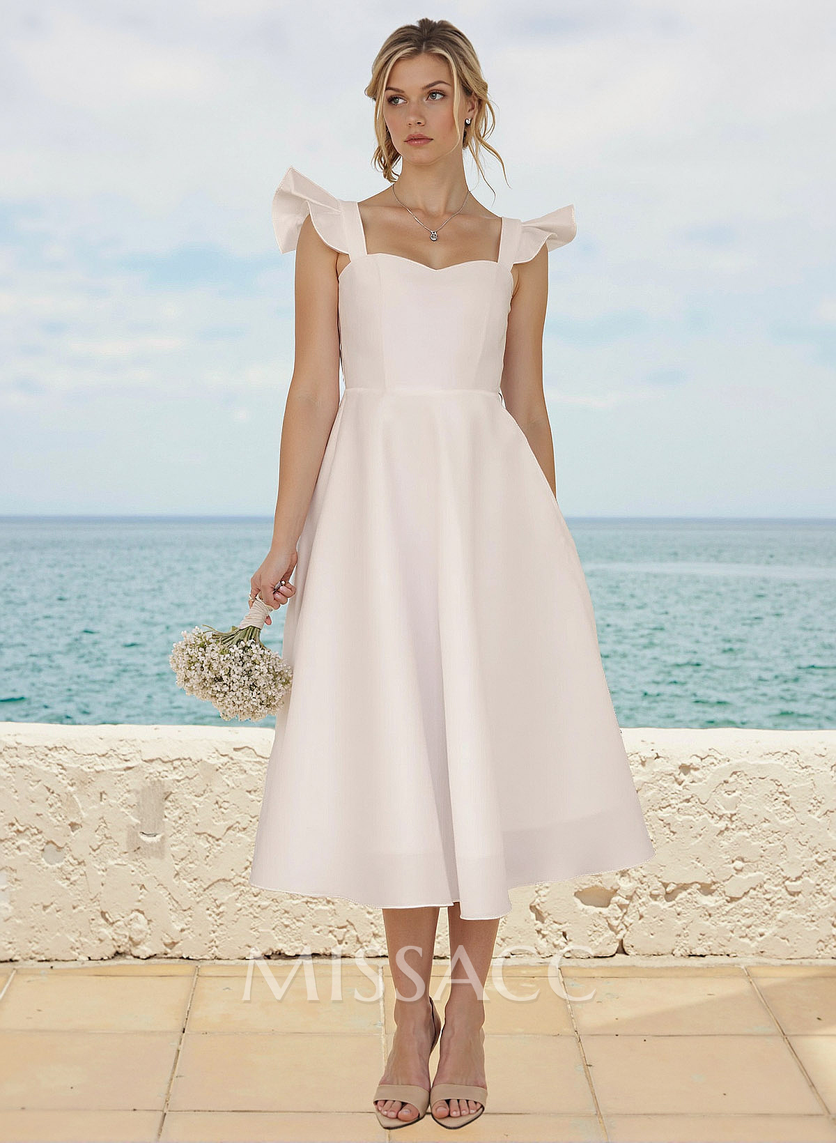 A-Line Square Neckline Sleeveless Tea-Length Satin Bridesmaid Dresses With Ruffle