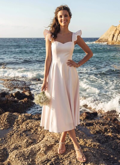 A-Line Square Neckline Sleeveless Tea-Length Satin Bridesmaid Dresses With Ruffle