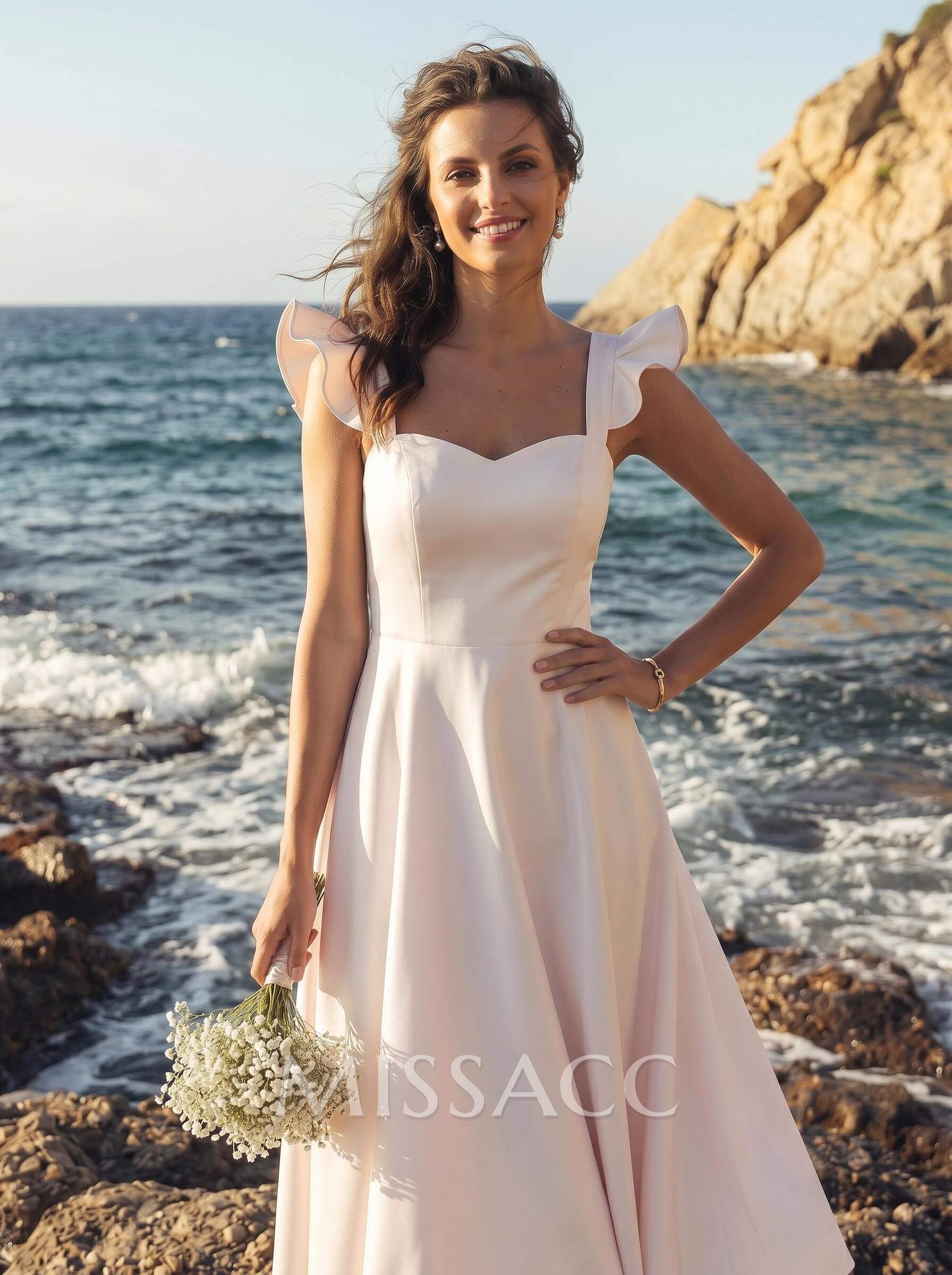 A-Line Square Neckline Sleeveless Tea-Length Satin Bridesmaid Dresses With Ruffle