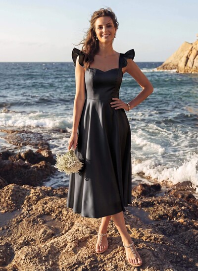 A-Line Square Neckline Sleeveless Tea-Length Satin Bridesmaid Dresses With Ruffle