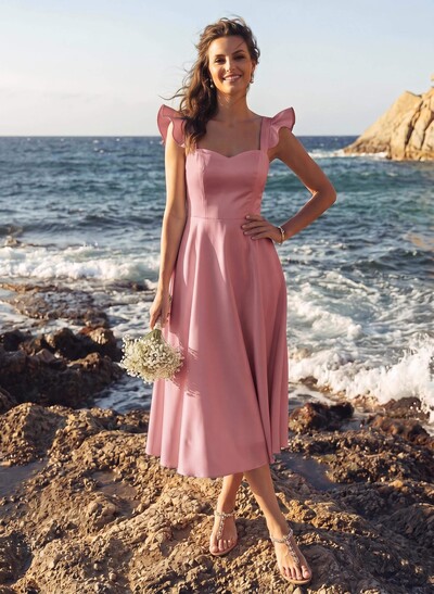 A-Line Square Neckline Sleeveless Tea-Length Satin Bridesmaid Dresses With Ruffle